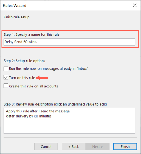 Name and turn on rule settings in Outlook