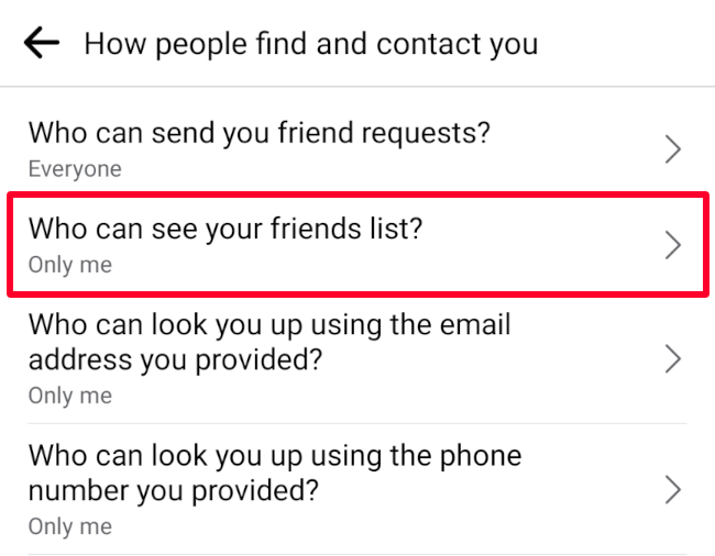 Friends list settings inside Facebook mobile app