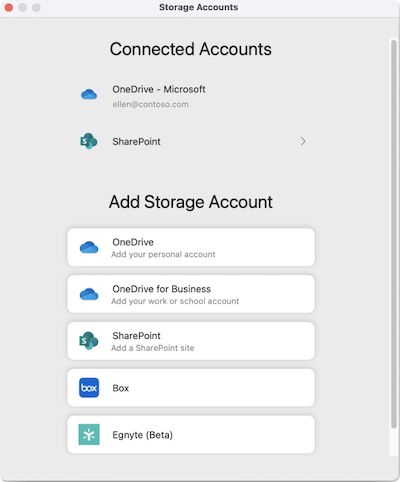 Connected Accounts screen on Office