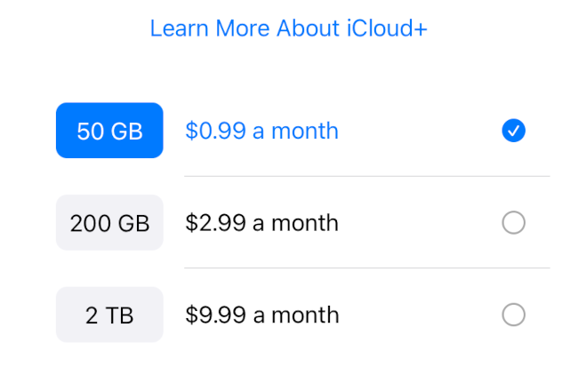 iCloud+ storage options with monthly pricing.