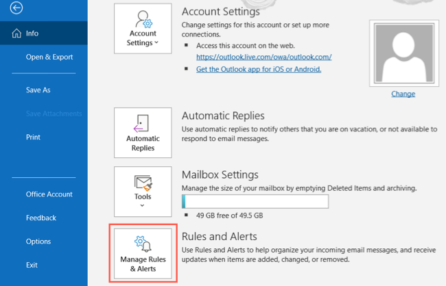 Manage Rules and Alerts in the Outlook Info section