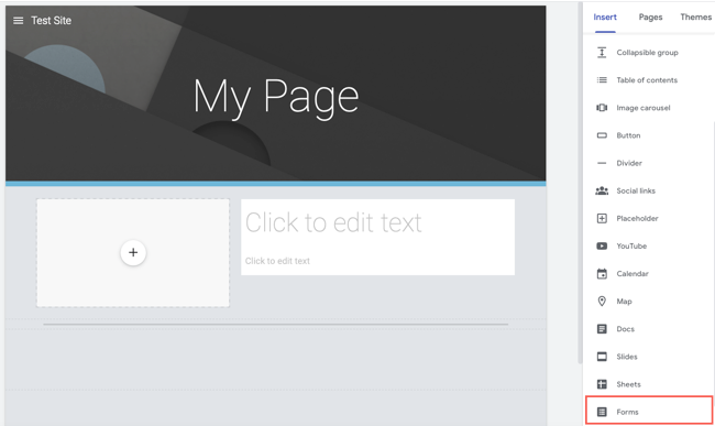 Forms on the Insert tab