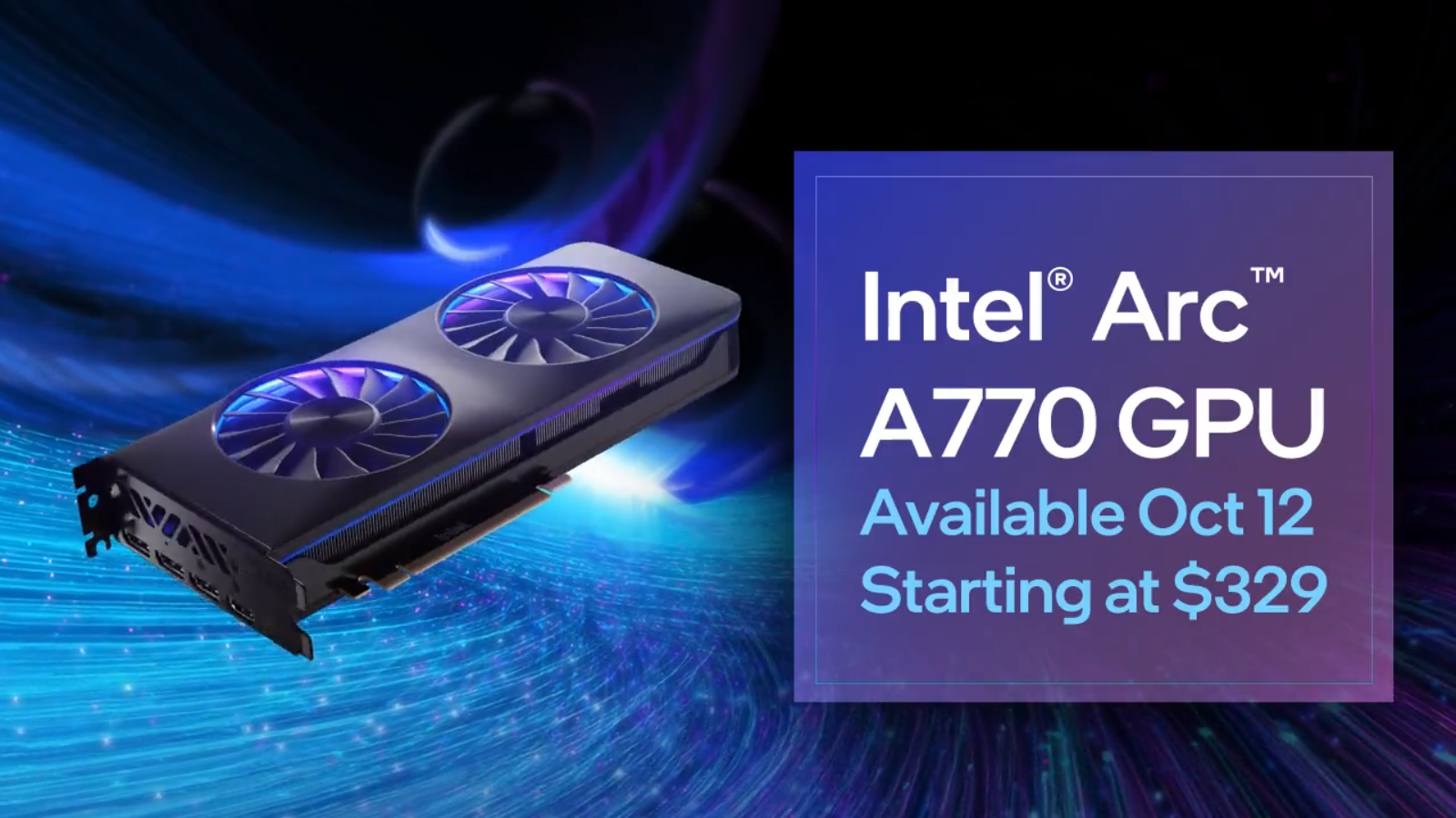 Intel Arc A770 GPU on black/blue background with release date and pricing