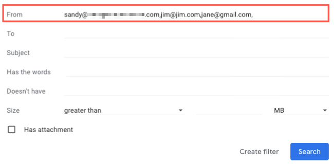 Email addresses in the From field for a filter
