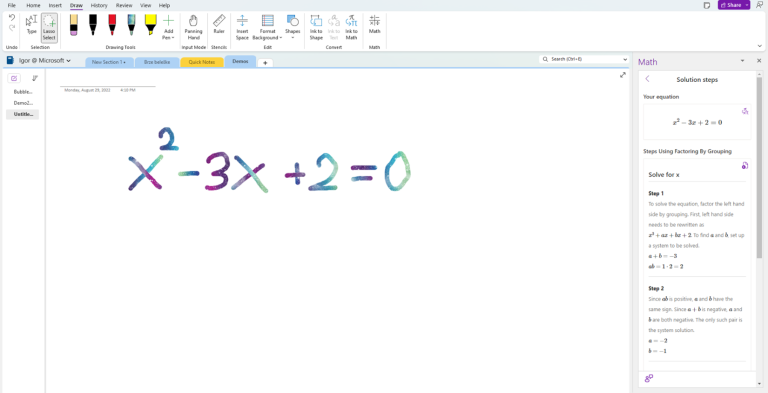 Screenshot of Math Assistant in OneNote