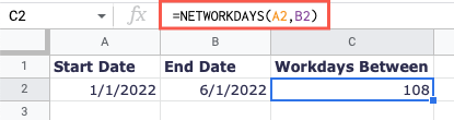 NETWORKDAYS formula without holidays