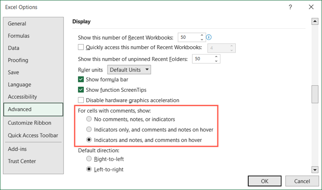 Note and comment settings in Excel