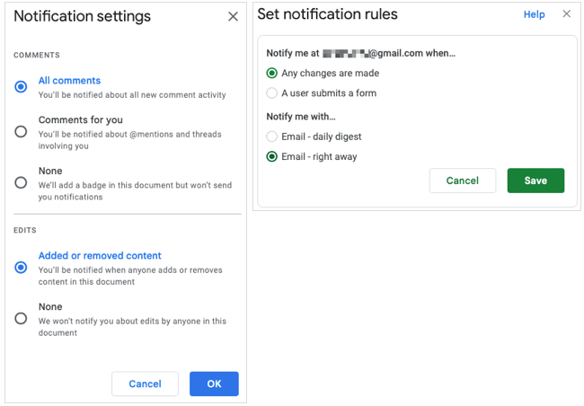 Notification options in Google Docs and Sheets