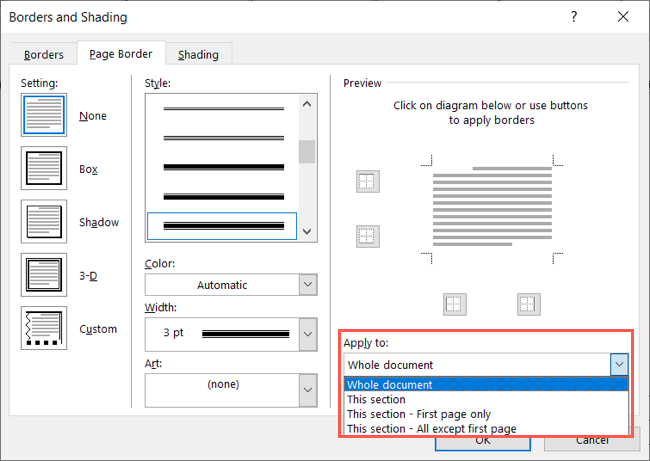Apply To drop-down options for page borders