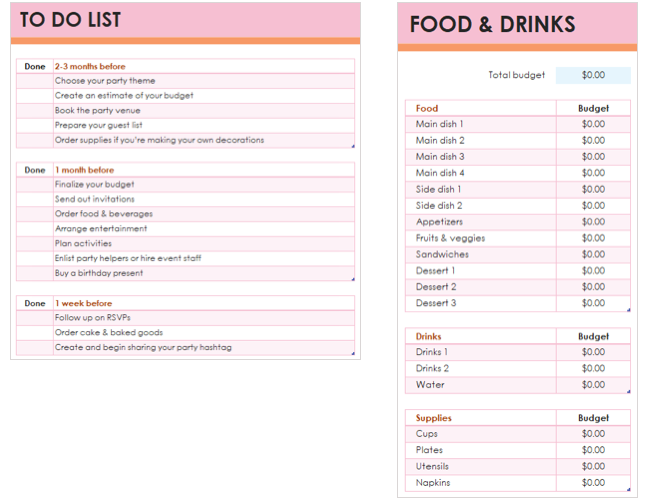 Party Planner template To-Do with Food and Drinks