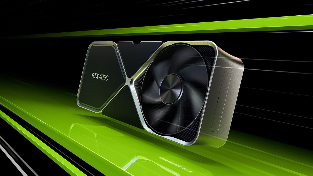 An artistic represtentation of the RTX 4090 graphics card flying through space on a green platform with green lines surrounding it.