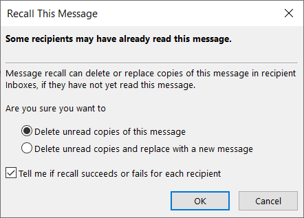 Recall options in Outlook