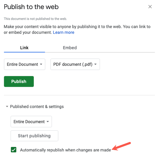 Automatically republish changes checkbox marked