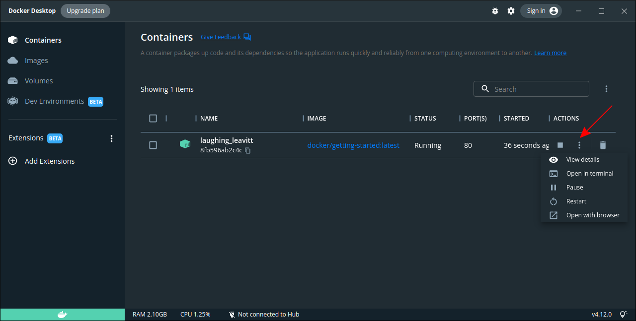 Screenshot of the Docker Desktop containers interface