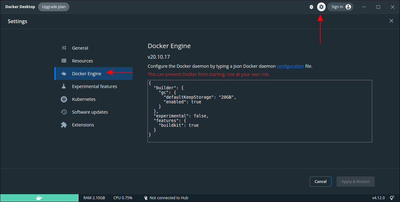 Screenshot of managing Docker Engine settings in Docker Desktop