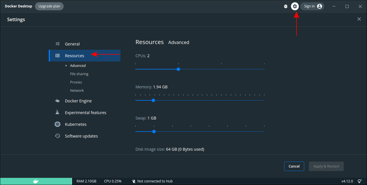 Screenshot of resource consumption settings in Docker Desktop
