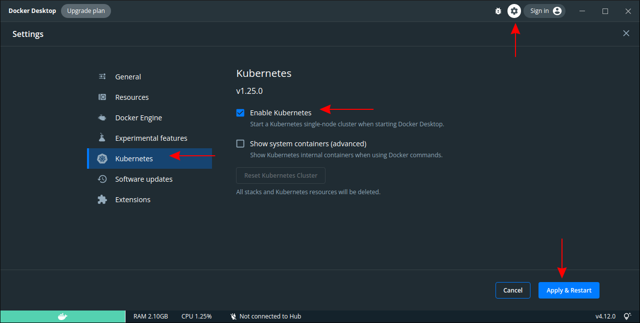 Screenshot of Kubernetes settings in Docker Desktop