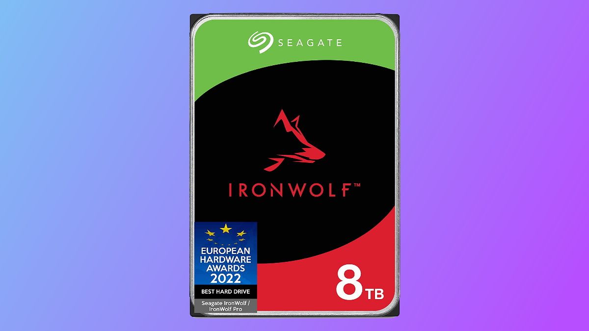 Seagate Ironwolf NAS drive on blue and purple background