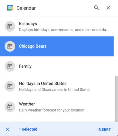 Google Calendar list in the sidebar