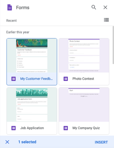 Google Forms list in the sidebar