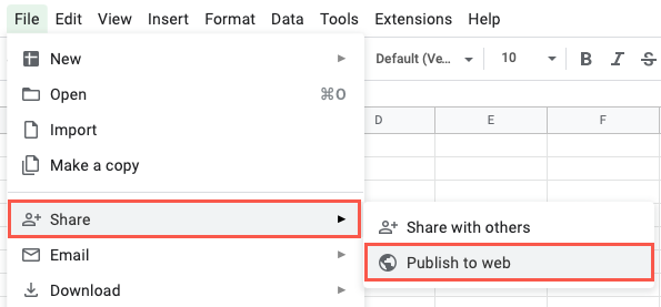 Publish to Web in the Google Sheets Share menu