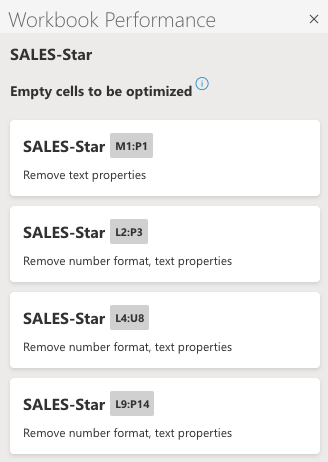 List of optimization suggestions for a Excel sheet
