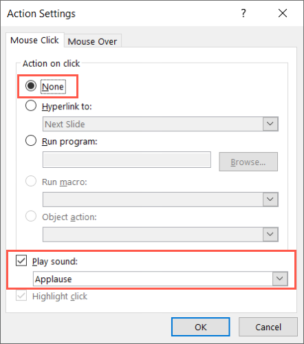 Action settings for sound only