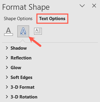 Text Options and Text Effects in the sidebar