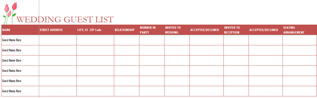 Wedding Guest List Excel template
