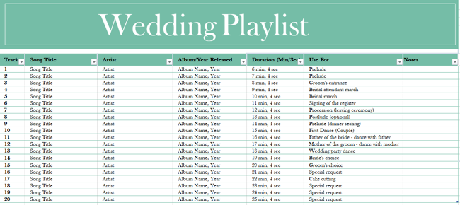 Wedding Playlist Excel template