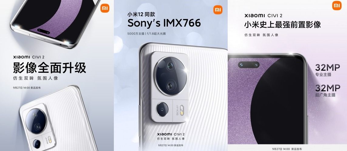 Xiaomi slides detaling several features of the Xiaomi Civi 2, including its rear 50MP camera and its dual front 32MP cameras