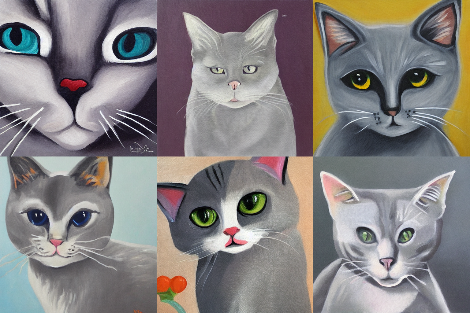 6 grey cats from Stable Diffusion that look like acrylic paintings. 