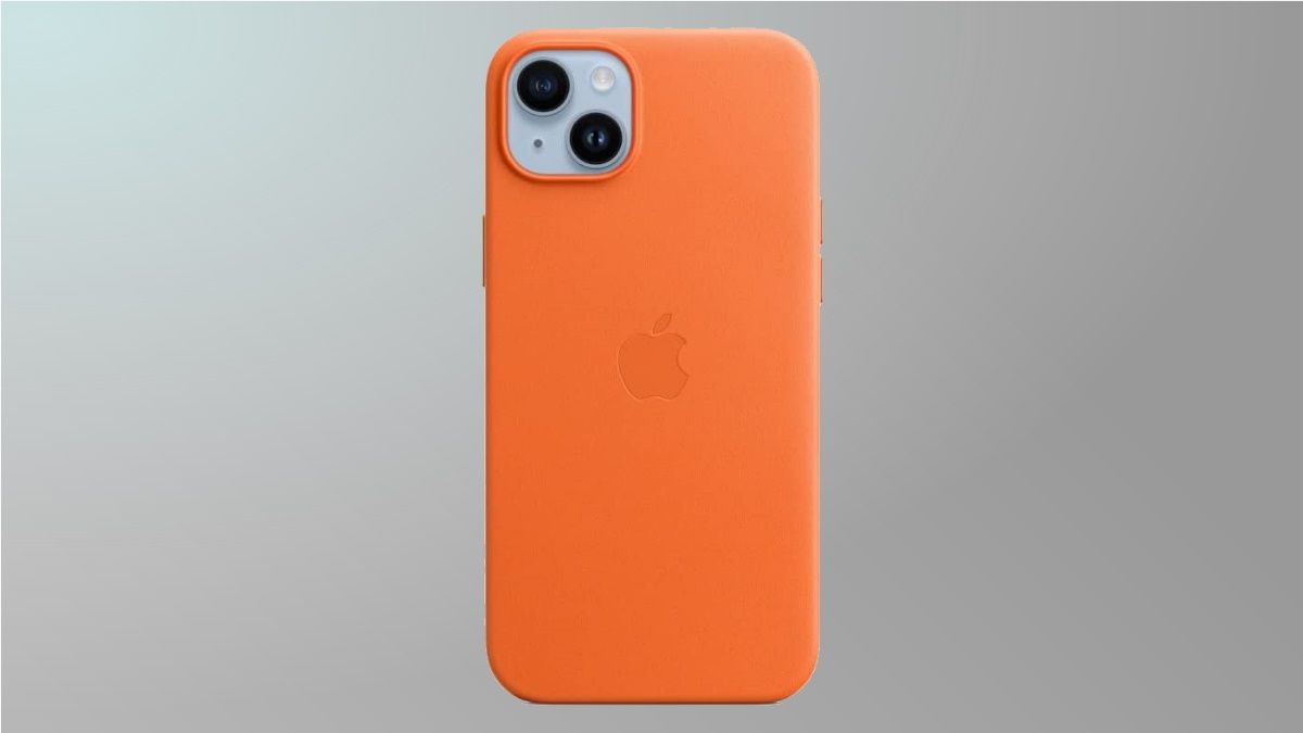Apple leather case on grey background