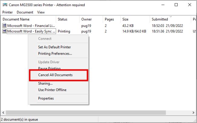 Option to cancel documents in print queue