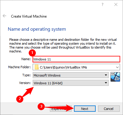 Name the virtual machine, make sure the &quot;Version&quot; is set to &quot;Windows 11,&quot; then click next.