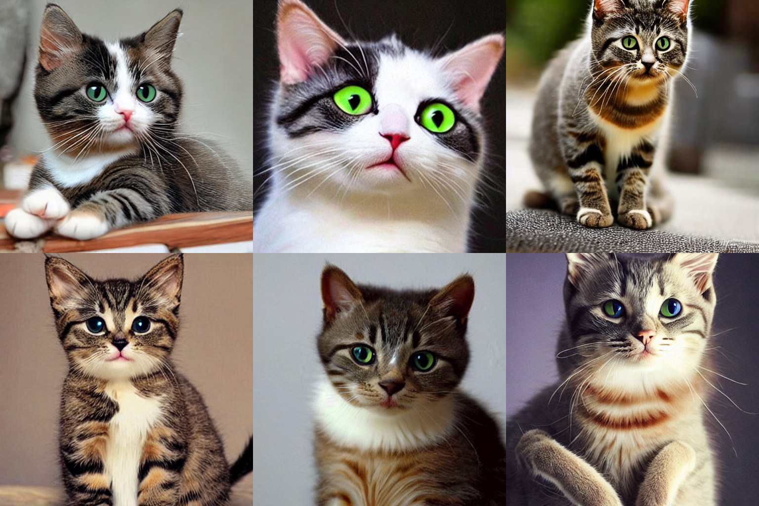 A panel of 6 output images from Stable Diffusion using the prompt &quot;Cute cat.&quot;