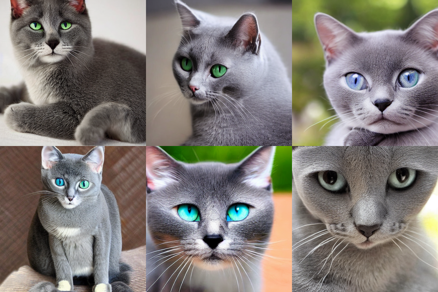A panel of 6 output images from Stable Diffusion using the prompt &quot;Cute grey cat.&quot;