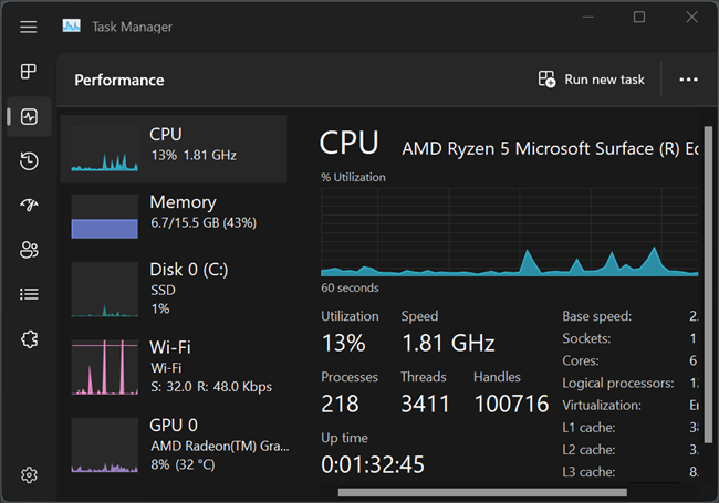 The new Task Manager's dark theme on the &quot;Performance&quot; tab. 