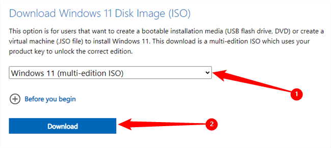 Select &quot;Windows 11 (multi-edition ISO) from the list, then click &quot;Download.&quot;