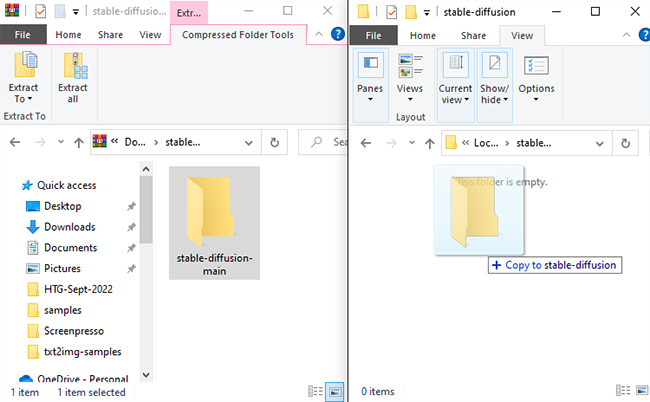 Drag and drop the contents of the ZIP file into the stable-diffusion folder. 