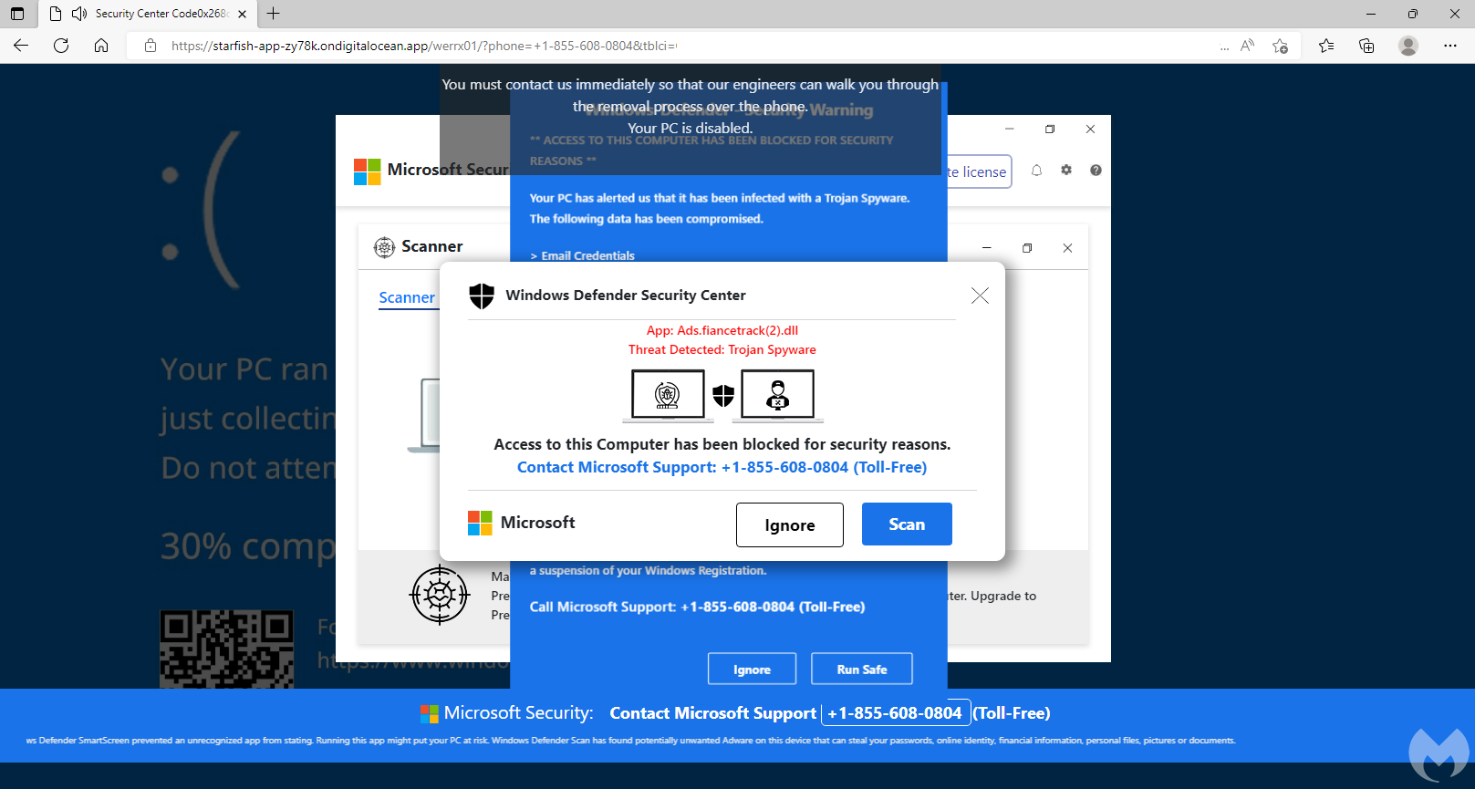 Screenshot of a web page showing a fake Windows Defender message