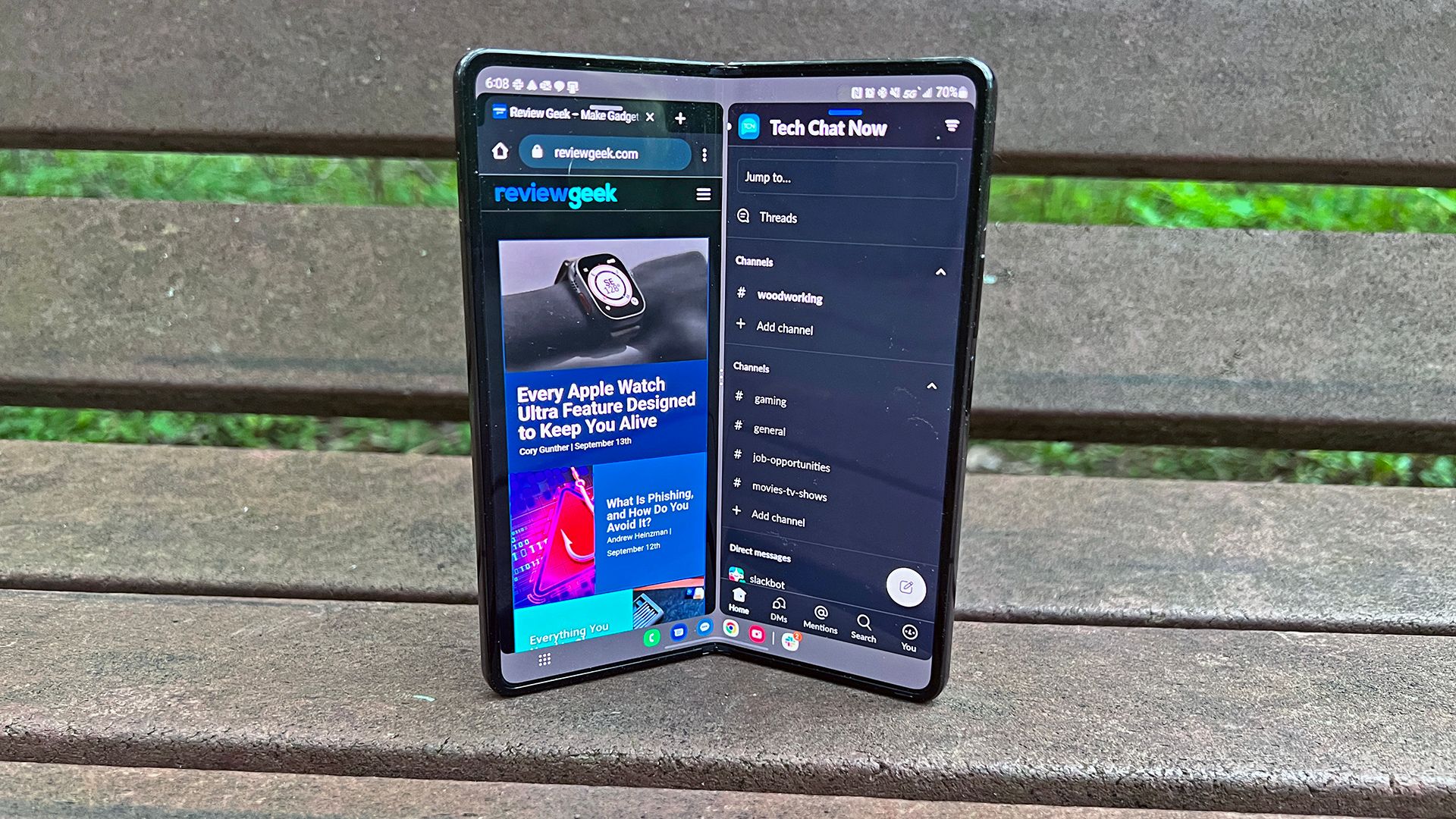 An open Galaxy Z Fold 4 with side by side apps
