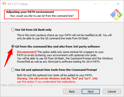 Make sure that &quot;Git From The Command Line And Also From 3rd-Party Software&quot; is selected. 