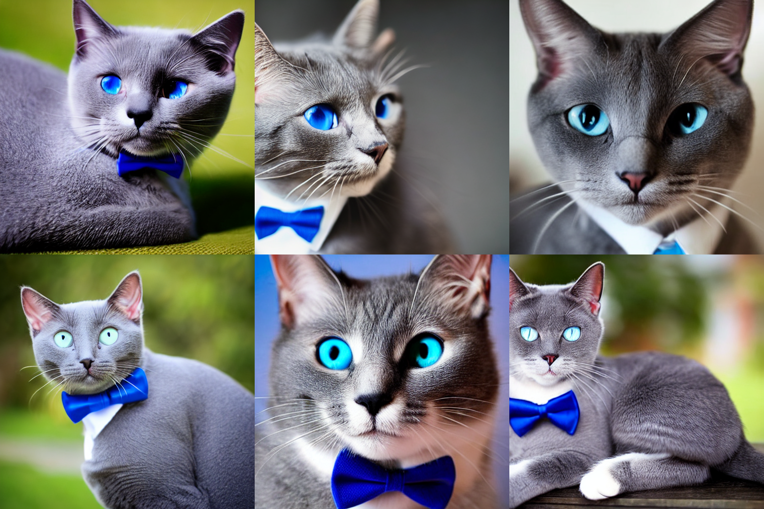 Another panel of 6 output images from Stable Diffusion using the prompt &quot;Cute grey cat with blue eyes, wearing a bowtie&quot;
