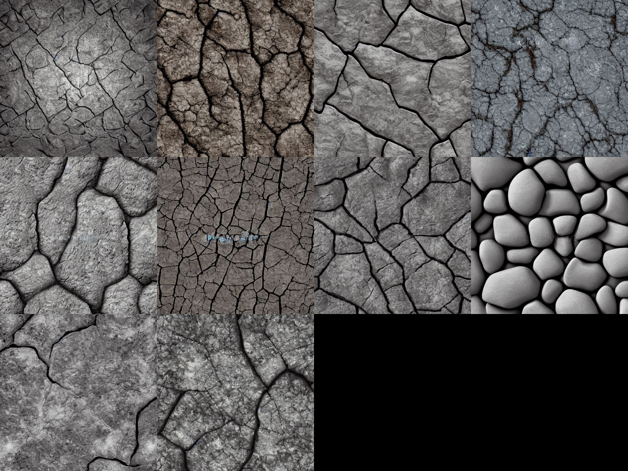 A tiled image of 10 potential stone textures generated with Stable Diffusion. 