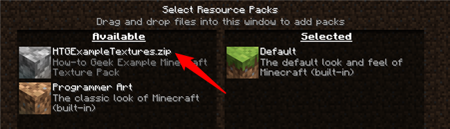 Click HTGExampleTextures.zip in the &quot;Select Resource Packs&quot; page to swap out the vanilla textures for our textures. 