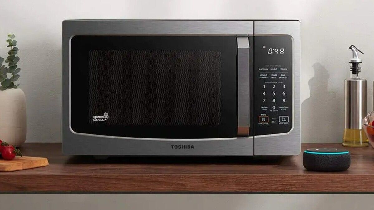 A microwave oven on a kitchen counter.
