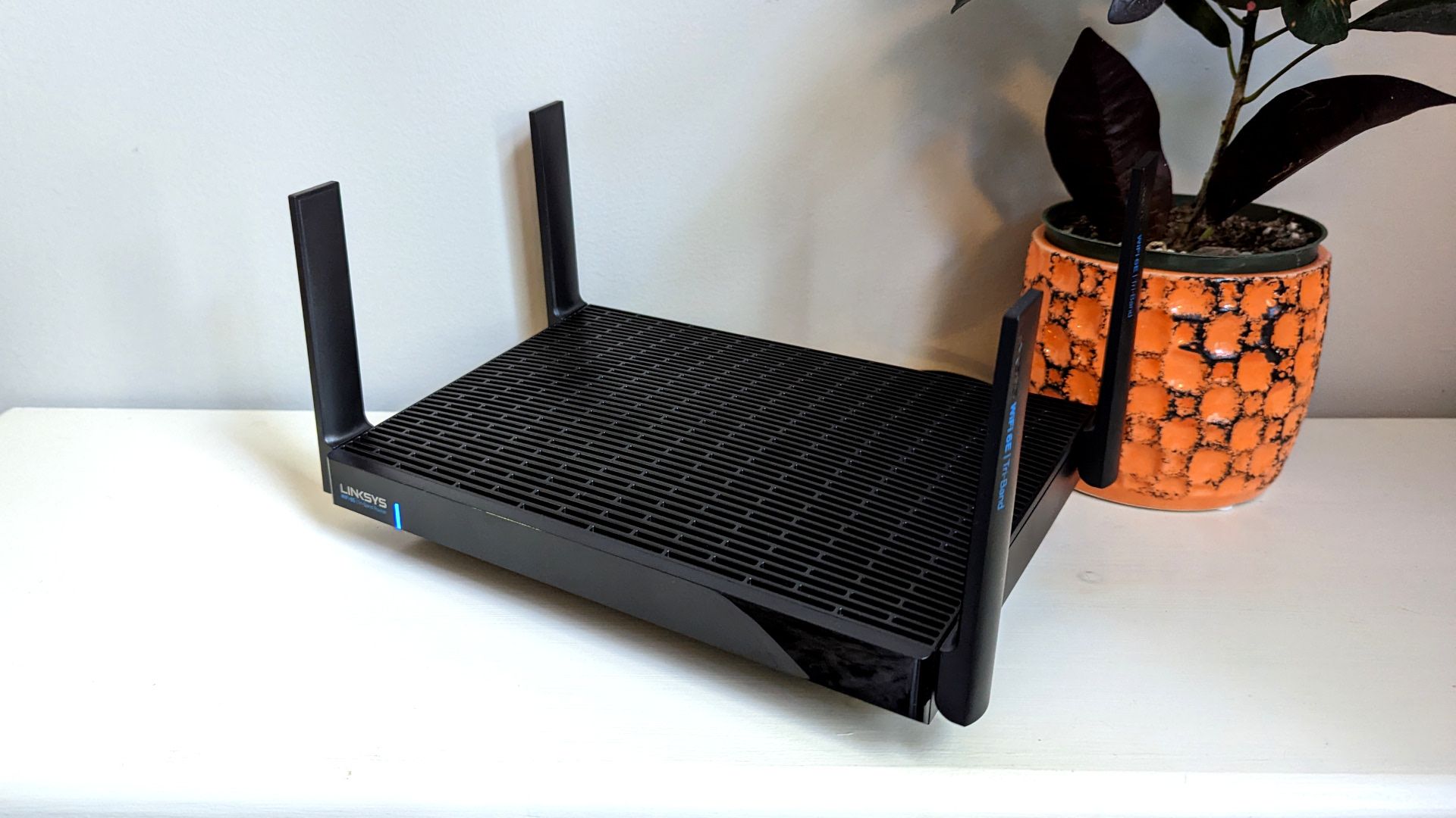 The Linksys Hydra Pro 6E router next to a potted plant.