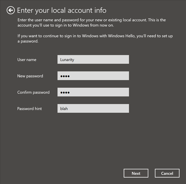 Pick a username, password, and password hint when creating your local account. 