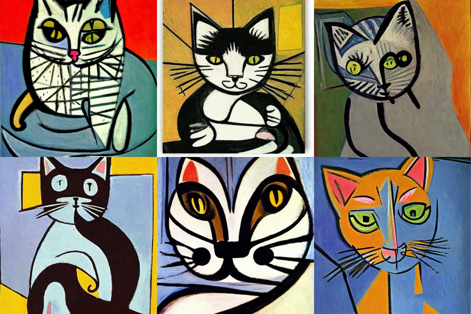 6 cats, as Stable Diffusion images Picasso would have painted them. 